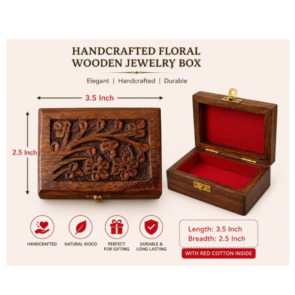 Handcrafted Floral Wooden Jewelry Box – 3.5 x 2.5 Inch Decorative Storage Box