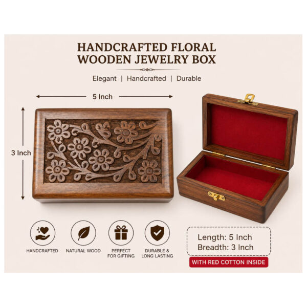 Handcrafted Floral Wooden Jewelry Box with Red Velvet Interior – 5 x 3 Inch