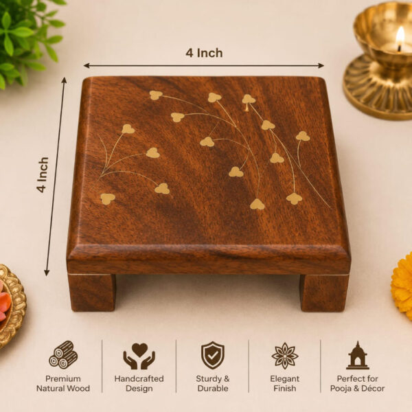 Handcrafted Teak Wooden Manai / Chowki for Pooja, Idols & Home Décor – 4 x 4 Inch