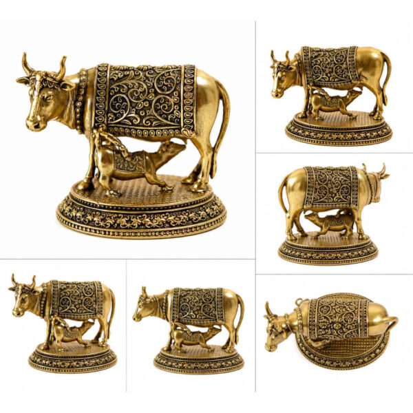 Brass Kamadhenu Cow with Calf Idol – 2 Inch Decorative Showpiece for Home & Office