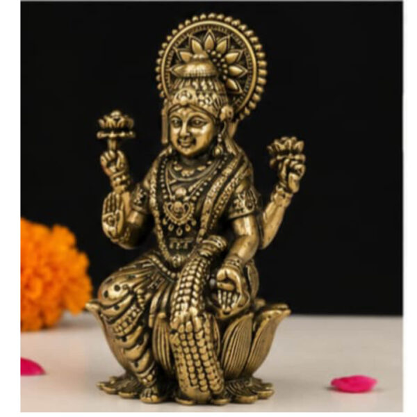 Brass Goddess Lakshmi Idol – Handcrafted Antique Finish Statue for Home & Pooja
