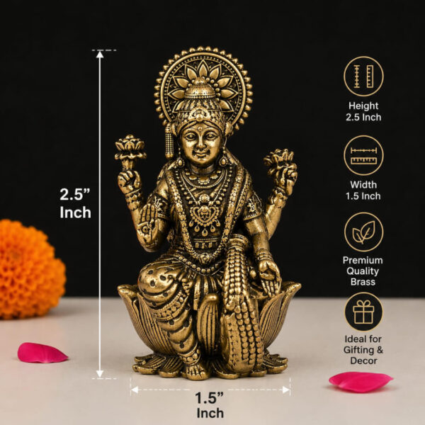 Brass Goddess Lakshmi Idol – Handcrafted Antique Finish Statue for Home & Pooja