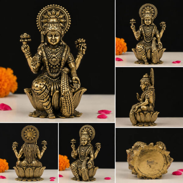 Brass Goddess Lakshmi Idol – Handcrafted Antique Finish Statue for Home & Pooja