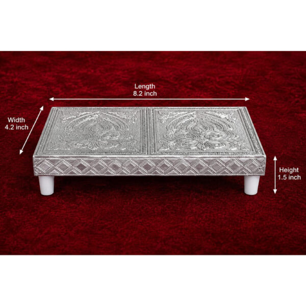 Premium Silver Pooja Bajot with Floral Design - 8.2 x 4.2 x 1.5inches Pooja Manai / Chowki – Elegant Embossed Design