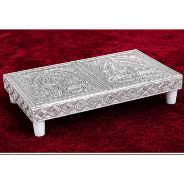 Premium Silver Pooja Bajot with Floral Design - 8.2 x 4.2 x 1.5inches Pooja Manai / Chowki – Elegant Embossed Design