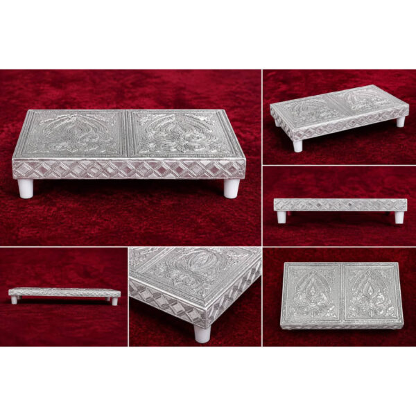 Premium Silver Pooja Bajot with Floral Design - 8.2 x 4.2 x 1.5inches Pooja Manai / Chowki – Elegant Embossed Design