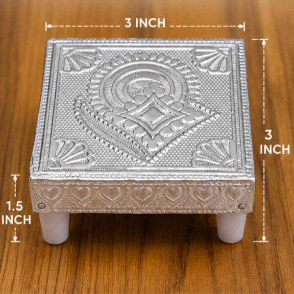 Premium Silver Finish Pooja Manai (3 × 3 × 1.5 Inch) – Decorative Embossed Chowki