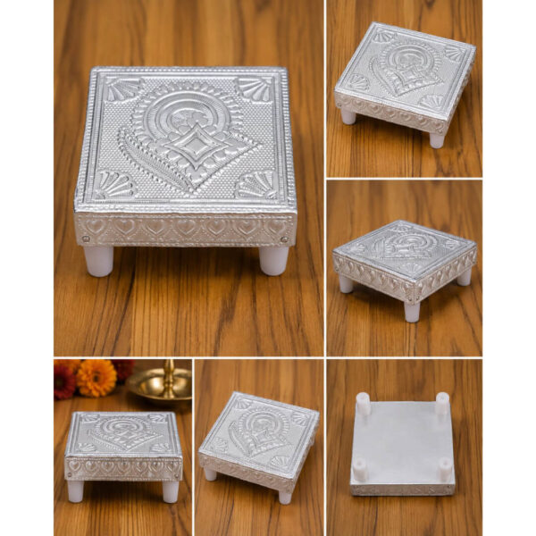Premium Silver Finish Pooja Manai (3 × 3 × 1.5 Inch) – Decorative Embossed Chowki