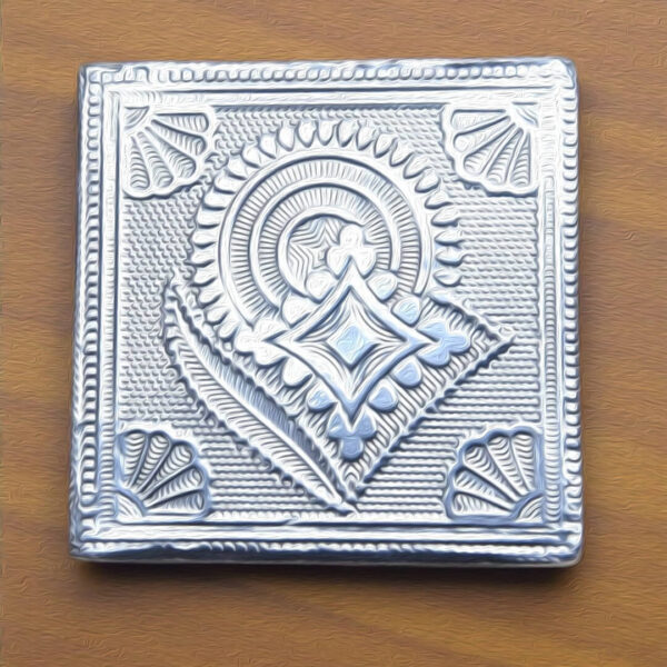 Premium Silver Finish Pooja Manai (3 × 3 × 1.5 Inch) – Decorative Embossed Chowki