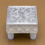 Premium Silver Finish Mini Pooja Manai (2 × 2 × 1.5 Inch) – Decorative Embossed Chowki