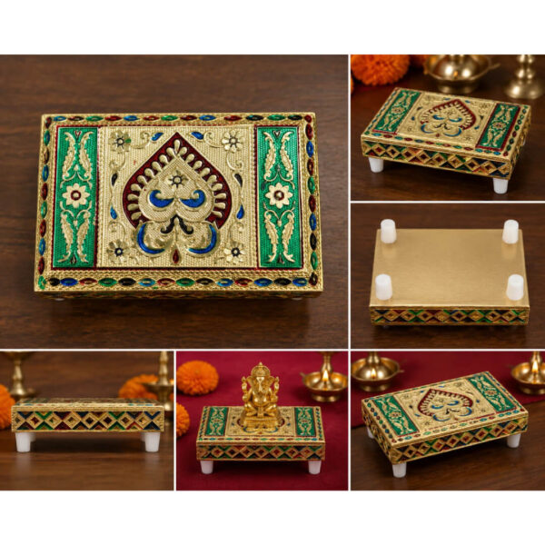 Premium Meenakari Pooja Manai (5.5 × 3.5 × 1.5 Inch) – Decorative Gold Finish Chowki