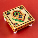 Premium Decorative Wooden Chowki for Pooja | Golden Meenakari Design | 3 x 3 x 1.5 Inches