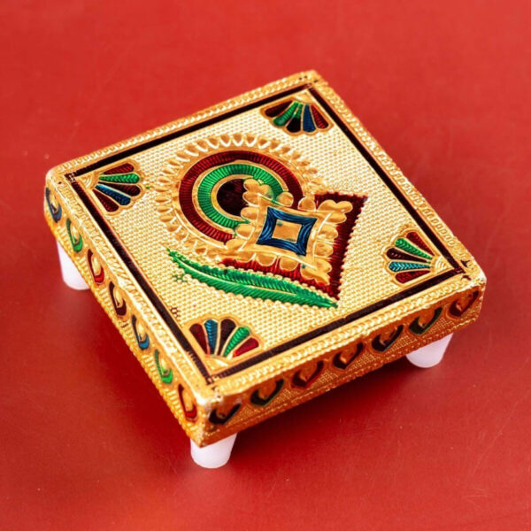 Premium Decorative Wooden Chowki for Pooja | Golden Meenakari Design | 3 x 3 x 1.5 Inches