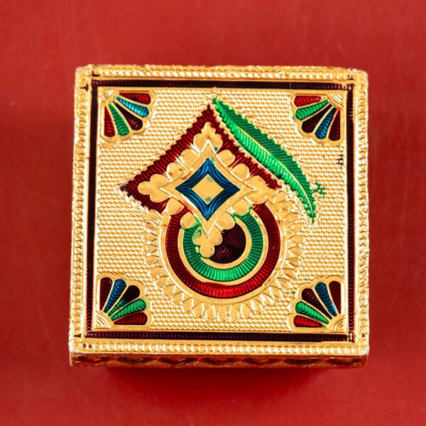 Premium Decorative Wooden Chowki for Pooja | Golden Meenakari Design | 3 x 3 x 1.5 Inches