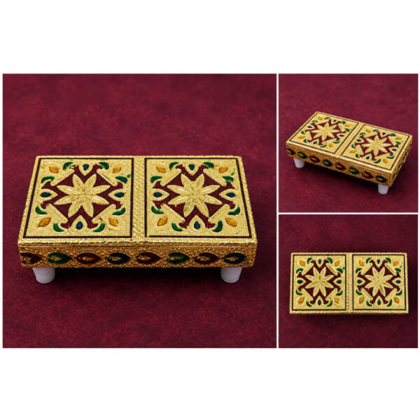 Premium Decorative Gold Pooja Chowki | Handcrafted Wooden Mini Pooja Manai | 4 x 2 x 1.5 Inch