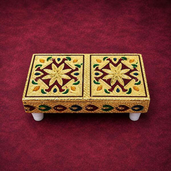 Premium Decorative Gold Pooja Chowki | Handcrafted Wooden Mini Pooja Manai | 4 x 2 x 1.5 Inch