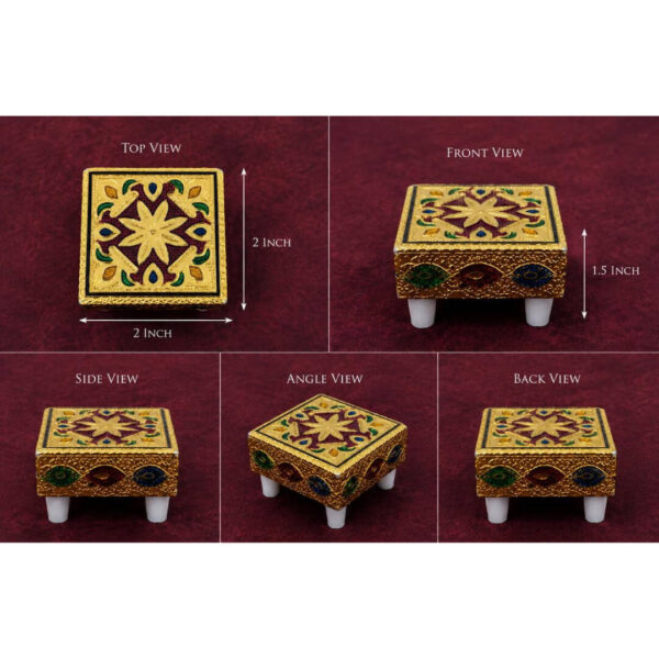 Premium Decorative Mini Pooja Chowki | Pooja Manai| Gold Finish | 2 x 2 x 1.5 Inch