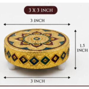 Handcrafted Decorative Round Pooja Chowki | Pooja Mnnai | Gold Finish | 3 x 3 x 1.5 Inch