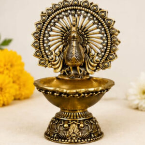 Brass Peacock Diya | Decorative Oil Lamp for Pooja & Home Temple | Antique Finish