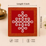 Red Wooden Pooja Manai | Traditional Kolam Design Chowki | 4 x 4 Inch manai