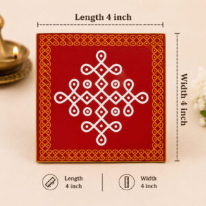 Red Wooden Pooja Manai | Traditional Kolam Design Chowki | 4 x 4 Inch manai