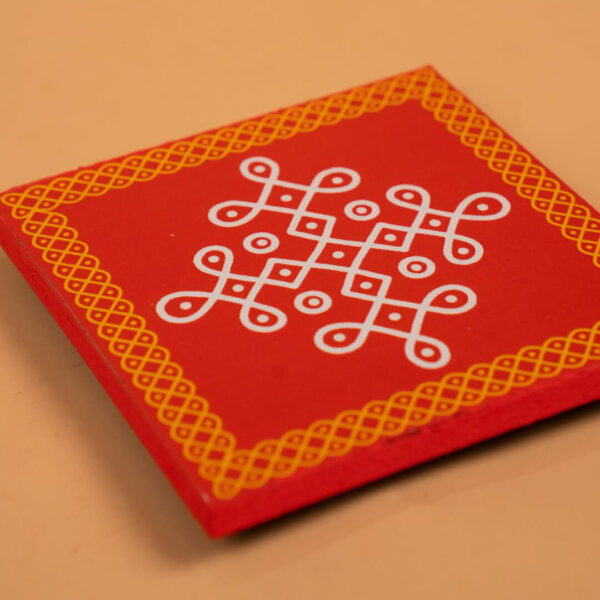 Red Wooden Pooja Manai | Traditional Kolam Design Chowki | 4 x 4 Inch manai