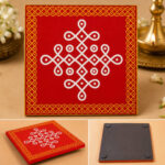Red Wooden Pooja Manai | Traditional Kolam Design Chowki | 4 x 4 Inch manai