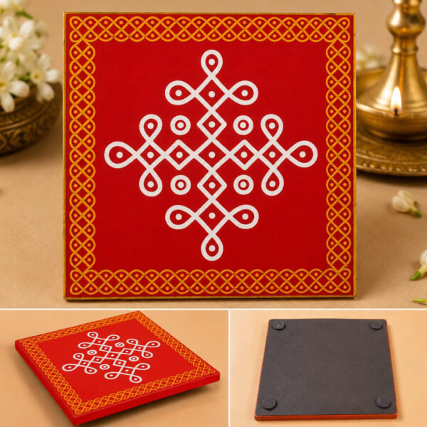 Red Wooden Pooja Manai | Traditional Kolam Design Chowki | 4 x 4 Inch manai
