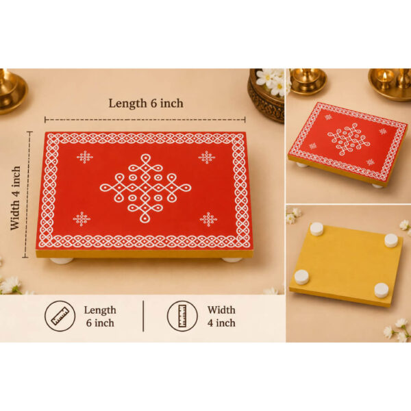 Traditional Wooden Pooja Manai | Red Kolam Design Chowki | 6 x 4 Inch Manai