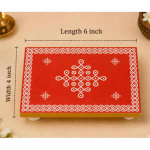 Traditional Wooden Pooja Manai | Red Kolam Design Chowki | 6 x 4 Inch Manai