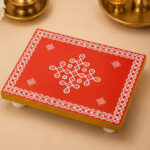 Traditional Wooden Pooja Manai | Red Kolam Design Chowki | 6 x 4 Inch Manai