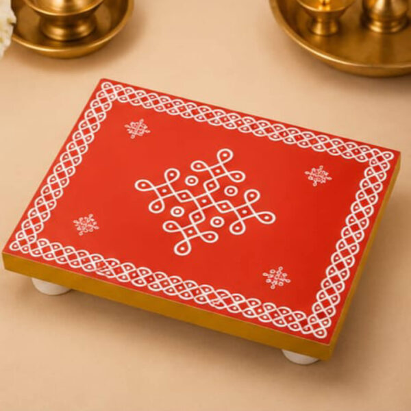 Traditional Wooden Pooja Manai | Red Kolam Design Chowki | 6 x 4 Inch Manai