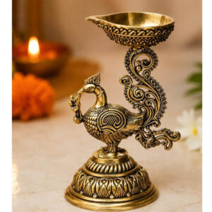 Antique Peacock Brass Diya | Decorative Oil Lamp for Pooja, Temple & Home Décor
