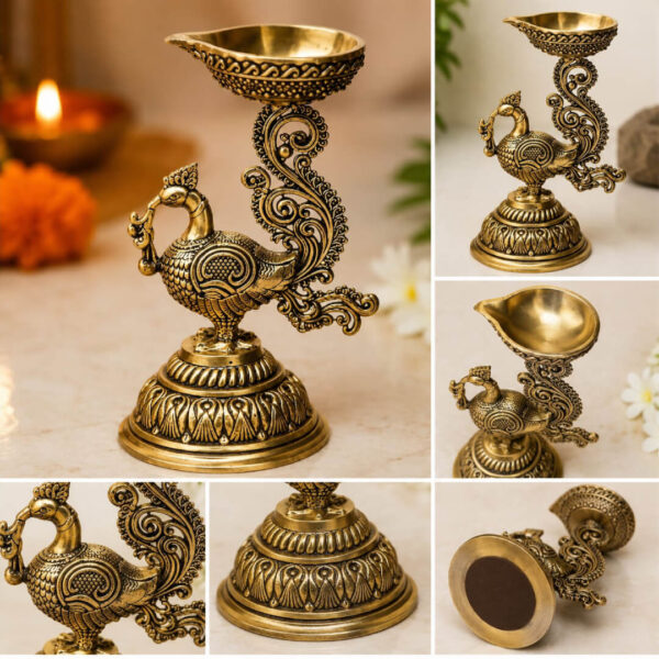 Antique Peacock Brass Diya | Decorative Oil Lamp for Pooja, Temple & Home Décor