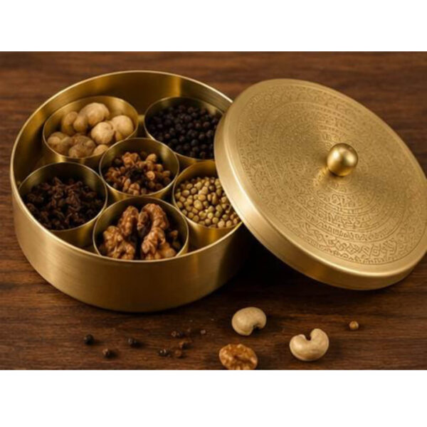 Premium Brass Masala Box with Designer Lid -6x1.6inch Traditional Indian Spice Storage Container
