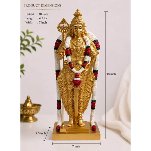 Lord Murugan Statue 18 Inch | Golden Finish Murugan Murti with Vel & Garland | Home Temple Decor