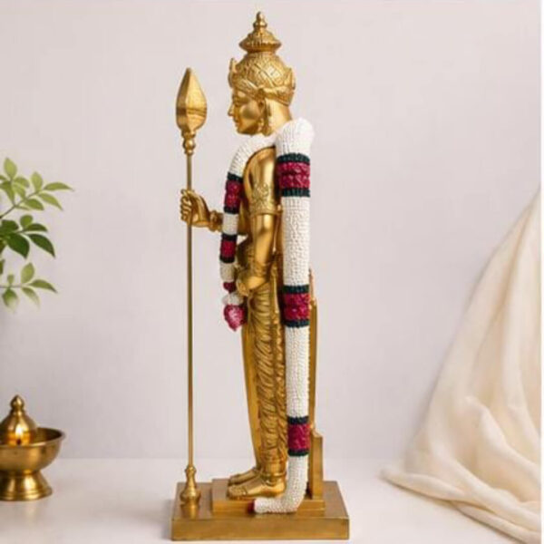 Lord Murugan Statue 18 Inch | Golden Finish Murugan Murti with Vel & Garland | Home Temple Decor
