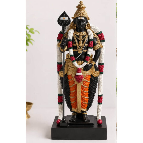 Lord Murugan Black & Gold Statue with Garland – 18 Inch Premium Decorative Idol