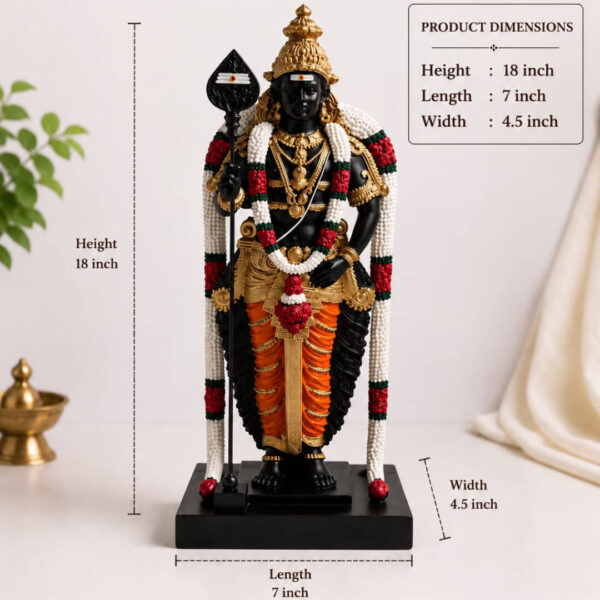 Lord Murugan Black & Gold Statue with Garland – 18 Inch Premium Decorative Idol