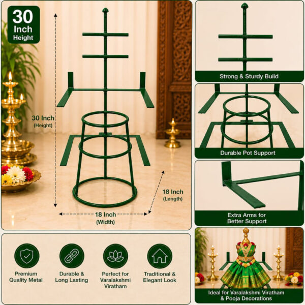 30 Inch Green Varalakshmi Saree Draping detachable Stand | Metal Kaalasam Decoration Stand
