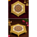 Premium Hexagonal Decorative Chowki - 4.5 x 4"inch Pooja Stand with Mandala Design – Gold Finish
