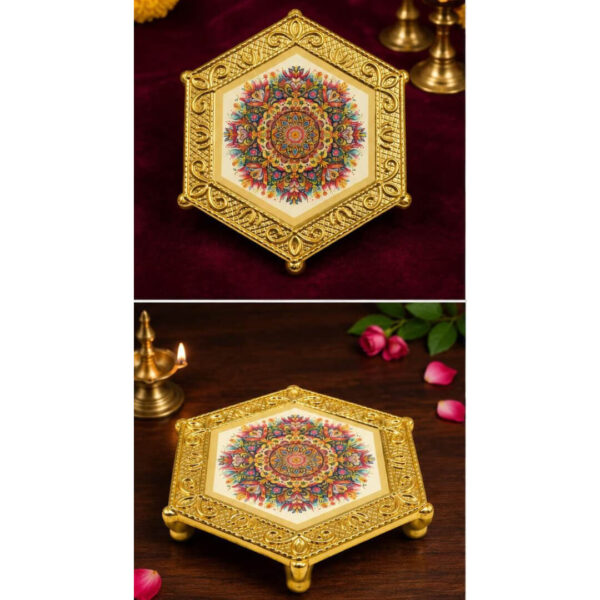 Premium Hexagonal Decorative Chowki - 4.5 x 4"inch Pooja Stand with Mandala Design – Gold Finish