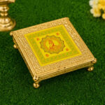 4×4 Inch Premium Decorative Peacock Pooja Chowki – Gold Finish | Mandir Chowki for Idols & Kalash