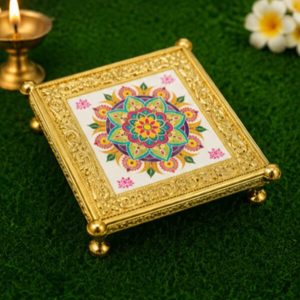 4×4 Inch Premium Decorative Mandala Pooja Chowki – Gold Finish