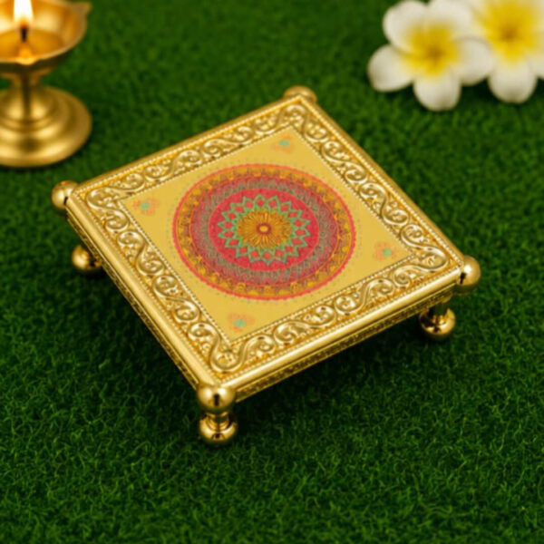 2.5 × 2.5 Inch Premium Decorative Mandala Pooja Chowki – Gold Finish