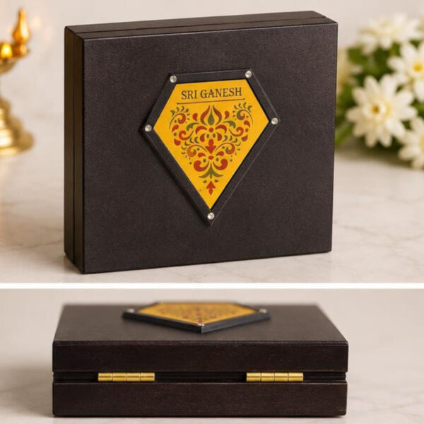 Sri Ganesh Divine Gift Box with Golden Paduka &yantra design – 4x4inch Premium Spiritual Gift