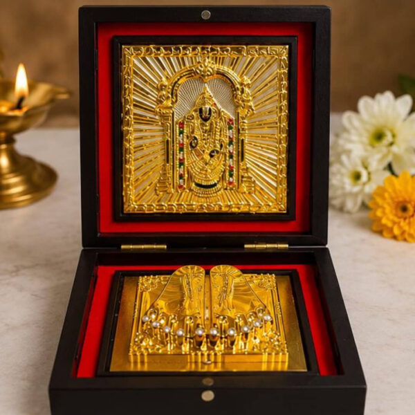 Balaji (Lord Venkateswara) Divine Gift Box with Golden Paduka &yantra design – 4x4inch Premium Spiritual Gift