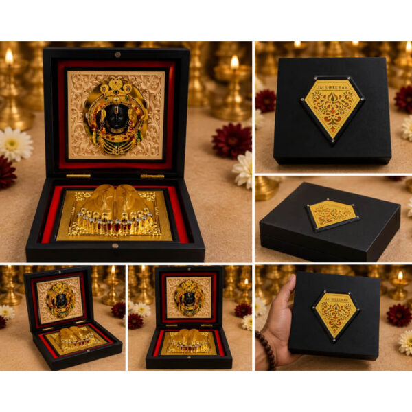 Jai Shree Ram Gold Paduka & yantra design Premium Gift Box – 4 x 4inch Divine Blessings Edition
