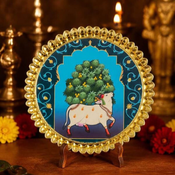 Kamadhenu Decorative Pooja Plate-8 x8 inch  Gold-Plated Divine Gift Plate for Home & Temple
