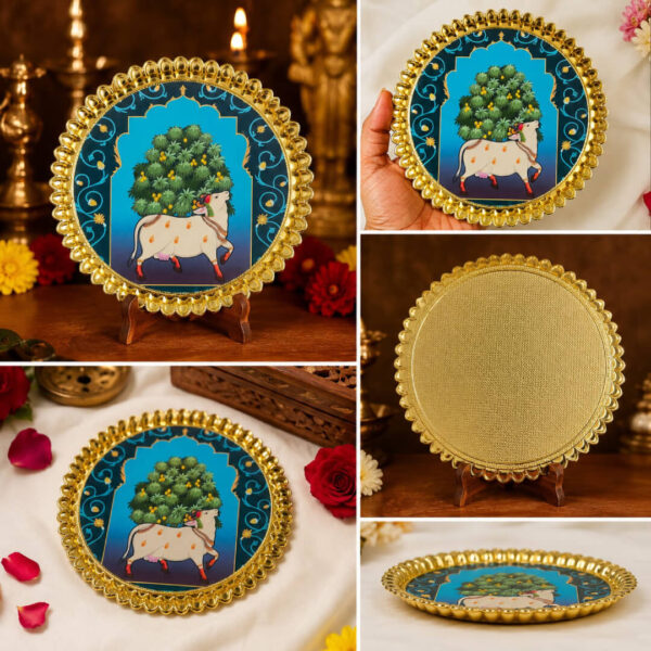 Kamadhenu Decorative Pooja Plate-8 x8 inch  Gold-Plated Divine Gift Plate for Home & Temple